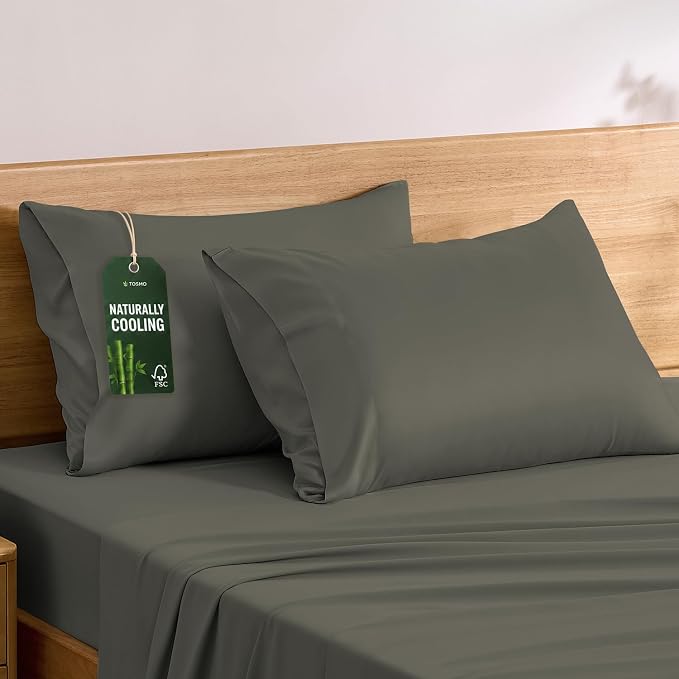 TOSMO Luxury Pillow Case Set of 2 - Cooling Viscose Derived from Bamboo, Oeko-TEX, Breathabl Silky Soft Pillow Cases with Envelope Closure (Queen, Charcoal)