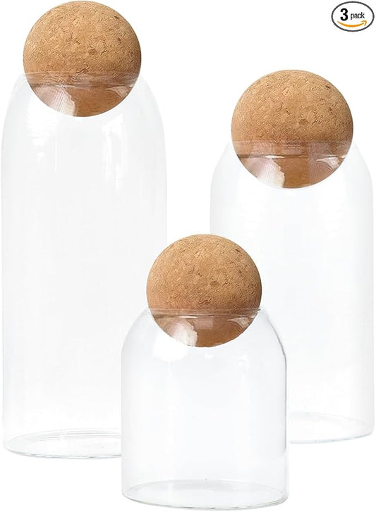 Glass Jars with Cork Ball - Glass Tea Coffee Sugar Canisters - Cereal Storage Containers - Tea Sugar and Coffee Containers Set - Set of 3 Clear Glass Jars with Lids(300ml/10Oz,500ml/17Oz,800ml/27Oz)