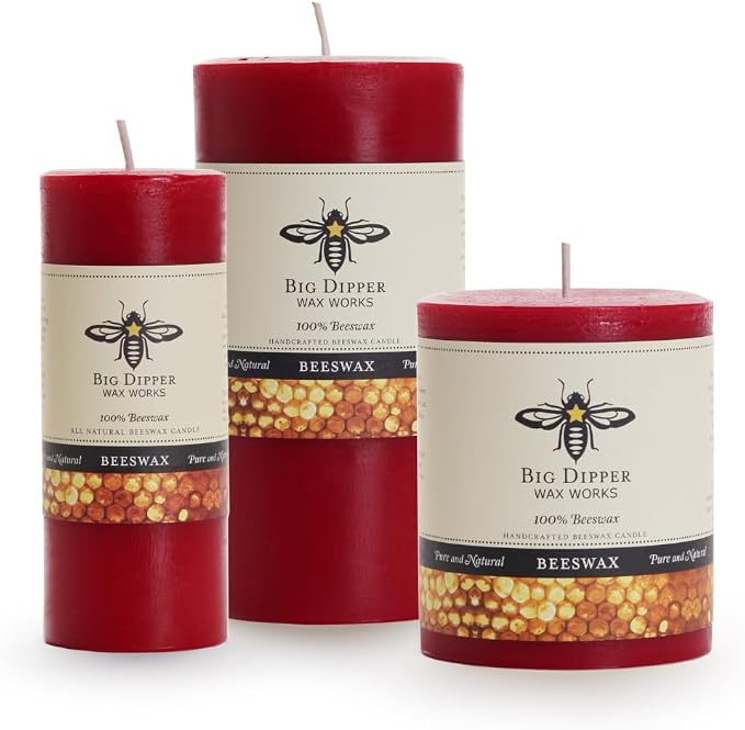 Big Dipper Wax Works Red Pillar Candle, 3” x 6” – 100% Pure Beeswax, 90-Hour Burn – Natural Honey Aroma, Non-Toxic, Eco-Friendly, Clean-Burning Candle for Home, Holidays & Decor