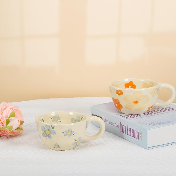 Koythin 2-Pieces Ceramic Coffee Mugs, Creative Cute Flower Cup for Office and Home, 8.5 oz/250 ml Aesthetic Mug for Latte Tea Milk (2 Blue Flower)