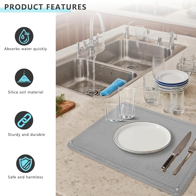GOPRETY Quick Dry Stone Drying Mat for Kitchen Counter - 24"× 16" Extra Large Absorbent Diatomaceous Earth Dish Rack Mat, Non-Slip Stone Drying Mat for Kitchen Dishes