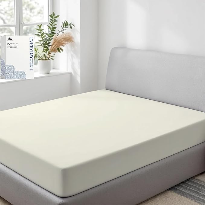 Mayfair Linen 100% Organic Cotton Percale Weave Fitted Sheet Twin XL Size, Ivory, 1 Deep Pocket Twin XL Fitted Sheet, Fits Mattress Upto 16" Crisp and Cool Bed Linen, Luxury GOTS Certified Sheets