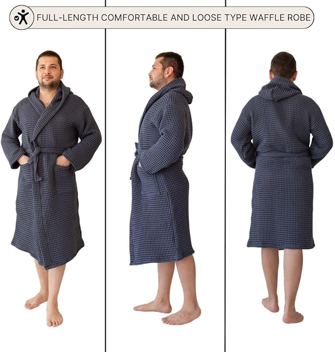 Unisex Hooded Waffle Robe for Women & Men 100% Turkish Cotton | Quick-Dry Bathrobe | Cozy Housecoat for Lounging