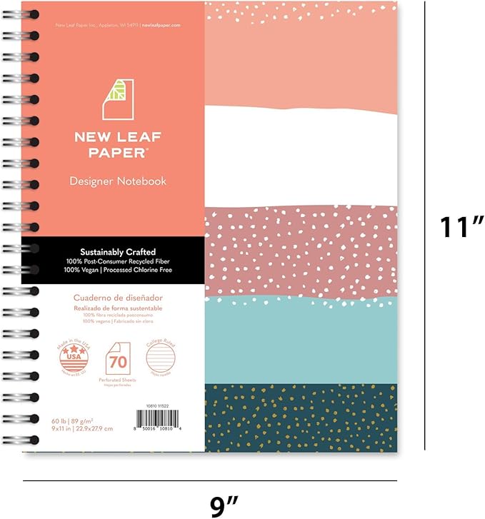 Large Spiral Bound Recycled Notebook, Stripes and Dots Design, 11" x 9", 70 Sheets, Double-Wire, College Ruled, Vegan, Made in USA
