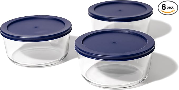 6-Piece Glass Food Storage Containers Set (3 Containers + 3 BPA-Free Lids) | 4-Cup, Leakproof | Microwave, Freezer, Oven & Dishwasher Safe | Ideal for Meal Prep & Pantry Organization, Blue