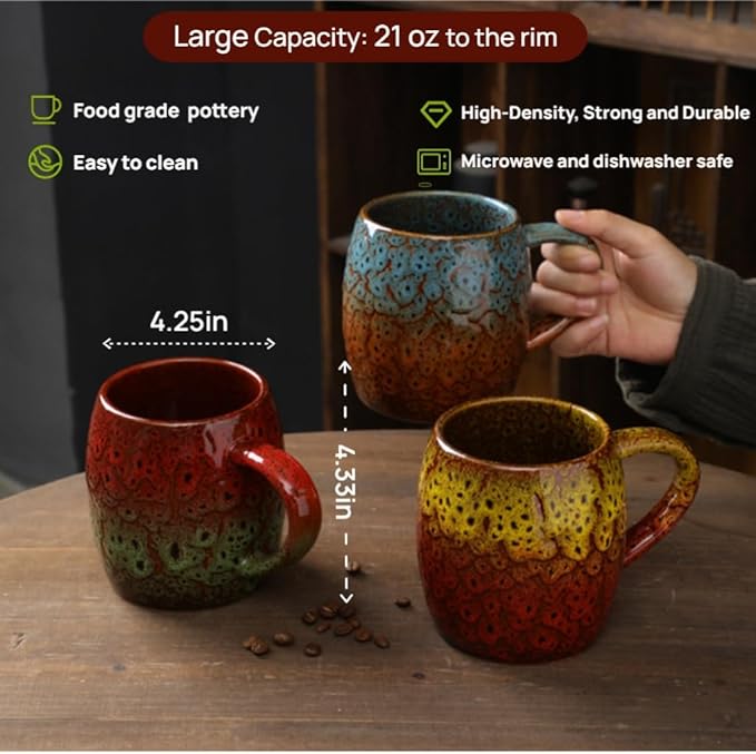 21oz Large Handmade ceramic Mug, Big Ceramic Tea Cup, Durable and Heavy Microwave and Dishwasher Safe Pottery Coffee Mug with Handle, Reactive Glaze Stoneware Clay coffee mug