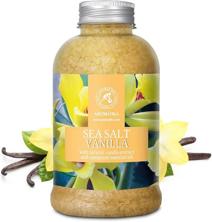 Sea Salt Vanilla 21.16 Oz - w/Vanilla & Cinnamon Essential Oils - Natural Bath Sea Salts - Best for Bath - Good Sleep - Relaxing - Body Care - Beauty