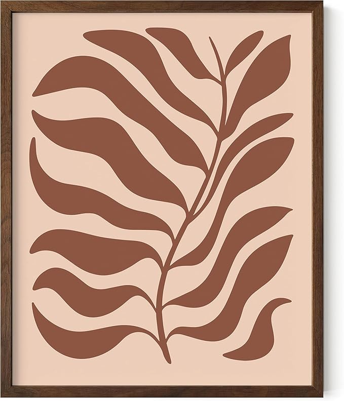 Abstract Organic Leaf Silhouette Wall Art Botanical Shapes Earth Tones Terracotta Mid Century Modern 16x20 Inch Oak Wood Walnut Framed Minimalist Print for Bedroom Decor