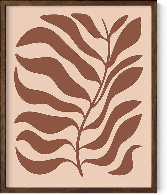 Abstract Organic Leaf Silhouette Wall Art Botanical Shapes Earth Tones Terracotta Mid Century Modern 16x20 Inch Oak Wood Walnut Framed Minimalist Print for Bedroom Decor
