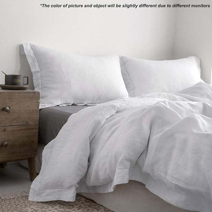 Simple&Opulence 100% Linen Duvet Cover Set with Embroidery Border Washed - 3 Pieces (1 Duvet Cover with 2 Pillow Shams) with Button Closure Soft Breathable Farmhouse - White, Queen Size
