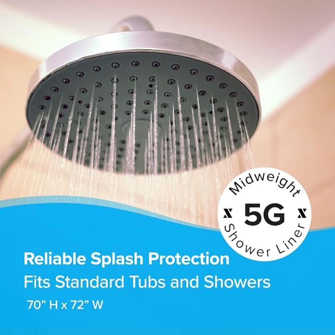 SlipX Solutions Protected Shower Curtain Liner, 5G Thicker Liner, 70"x72", White