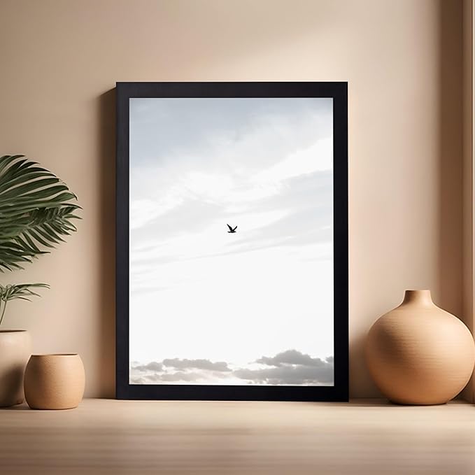 Monem Art Minimalist Bird in Sky Photography Print - Moody Nordic Landscape Art Poster - Wall Decor for Living Room, Bedroom or Office - 16x20 Black Framed Wall Art by Mareike Bohmer