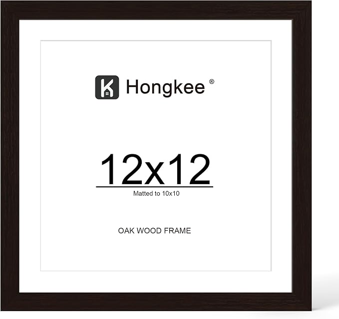 Hongkee 12x12 Oak Wood Picture Frame 1 Pack(Matted 10x10), Real Glass Cover | Black, 10 x 10 Solid Wood Frame for Wall or Tabletop Display - Includes Easel Back, Vertical Hang - Ideal for Home, Office