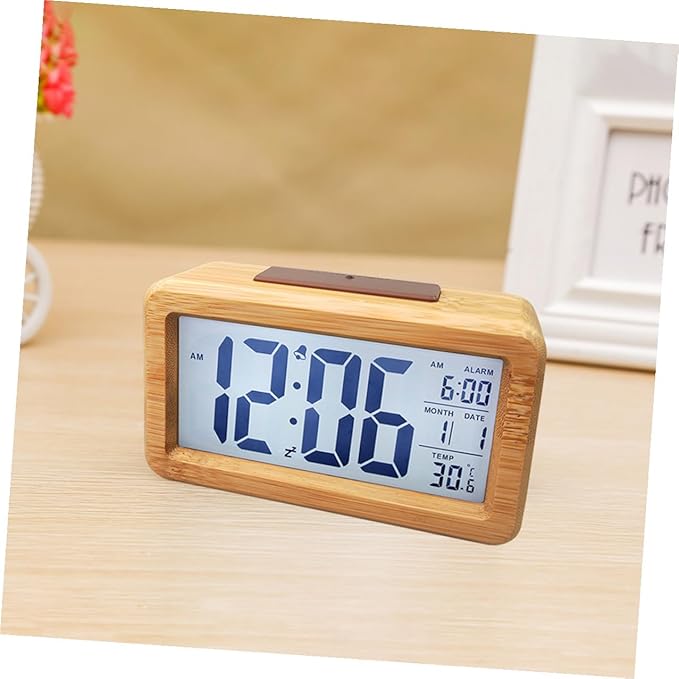 Wooden Digital Alarm Clock LED Desktop Clock with Light Sensor Natural Wood Color Non-Battery Powered for Home Bedroom Office Use