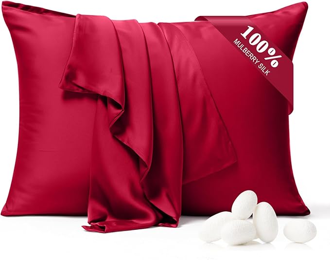 100% Pure Silk Pillowcase 2 Pack for Hair and Skin, Both Sides 23 Momme Grade 6A+ Mulberry Silk Pillowcases with Hidden Zipper, Soft&Smooth Cooling Pillow Cases (Red, Standard 20x26)