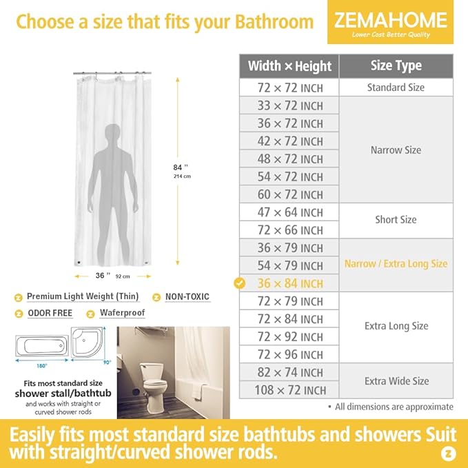ZEMAHOME Narrow Long Clear Plastic Shower Curtain Liner, 36x84 Inch Thin Lightweight Transparent Plastic Bathroom Shower Showroom Inner Curtain with Rustproof Metal Grommet Holes and Weighted Magnets