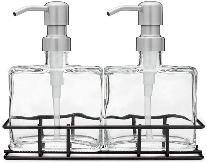 Rail19 Urban Glass Hand and Soap Dispenser Set - Includes Metal Stand Caddy, 8.5oz (Farmhouse Stainless)