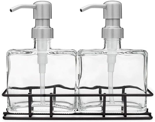 Rail19 Urban Glass Hand and Soap Dispenser Set - Includes Metal Stand Caddy, 8.5oz (Farmhouse Stainless)