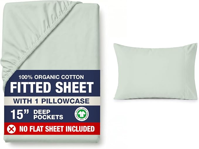 LANE LINEN Twin XL Size Fitted Sheet & Pillowcase (No Flat Sheet) - 100% Organic Cotton Soft & Breathable Percale Weave Fitted Sheet Set - 15'' Deep Pocket for Snug Fit - GOTS Certified - Cool Blue