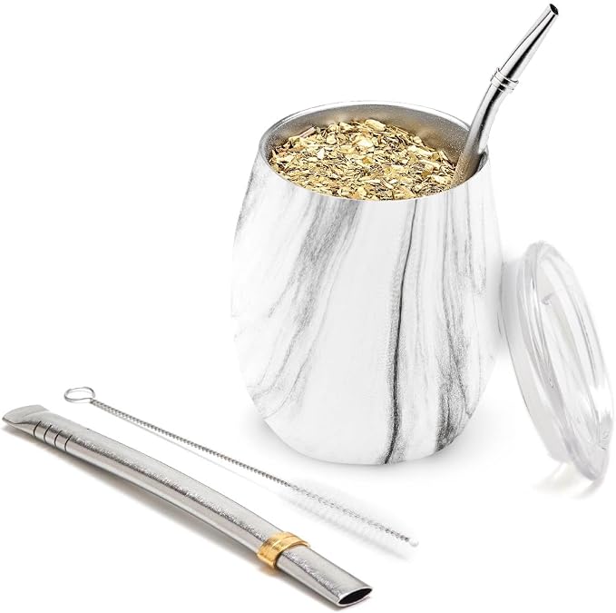 BALIBETOV 5-Piece Large Yerba Mate Cup and Bombilla Kit – Yerba Mate Gourd with Lid, 2 Bombilla Mate Straws, Cleaning Brush, Double-Wall Stainless Steel Mate Cup Set