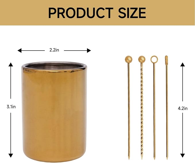 Lexenic 12-Piece Cocktail Picks Set with Holder, Premium 304 Stainless Steel Martini Skewers, Reusable Garnish Sticks for Olives, Appetizers & Fruit (12 Threads Golden)