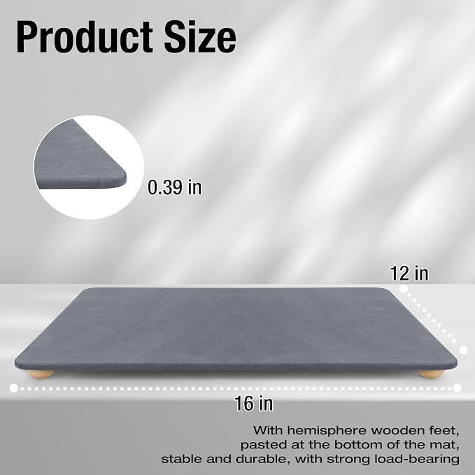 Stone Dish Drying Mat for Kitchen Counter, 16"×12" Quick Dry Super Absorbent Eco-Friendly Diatomaceous Earth Stone Mat with hemisphere wooden feet, Non-slip, Heat Resistant, Multi-purpose mats.