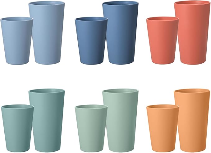 HEYCOME Set of 12 Wheat Straw Cups, 6 Pcs 20 oz & 6 Pcs 12 oz Unbreakable Drinking Cups, Reusable Plastic Cups Sets, Water Glasses Tumblers, Microwave & Dishwasher Safe, Bpa Free, 6 Colors