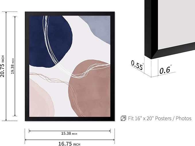 Monem Art Abstract Organic Shapes Print - Scandinavian Blue Geometric Poster - Wall Decor for Living Room, Bedroom or Office - 16x20 Black Framed Wall Art by Mareike Bohmer