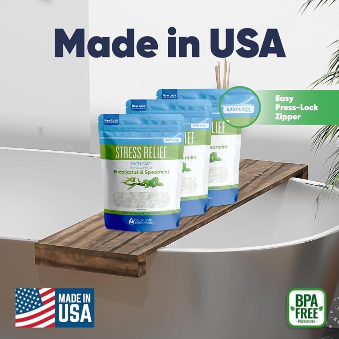 Stress Relief Bath Salt (3 Pack) Epsom Salt Relaxing Bath with Eucalyptus and Spearmint Essential Oils Plus Vitamin C Crystals in BPA Free Pouch Made in USA 2 lbs Pouches 6 Lbs Total