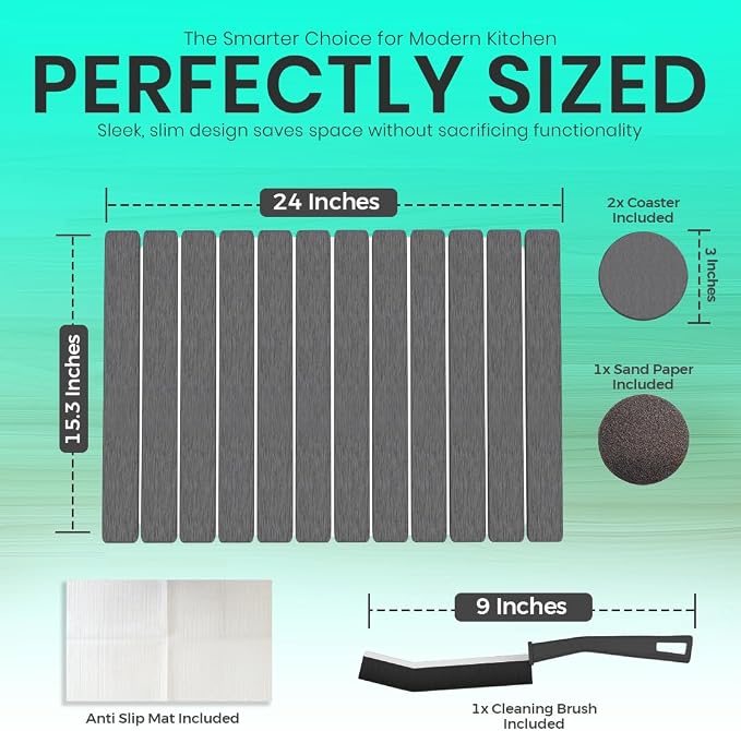 Premium Stone Dish Drying Mat – Large Foldable Kitchen Counter Mat, Super Absorbent Diatomaceous Earth with Coasters, Brush & Anti-Slip Pad – Fast Drying, Dark Gray