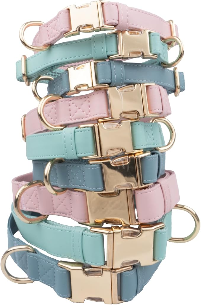 Leather Dog Collar and Leash Set 7FT Reflective at Night - Soft and Easy to Clean Vegan Leather with Gold Metal Buckle for Small Medium Large Dogs (L, Pink)
