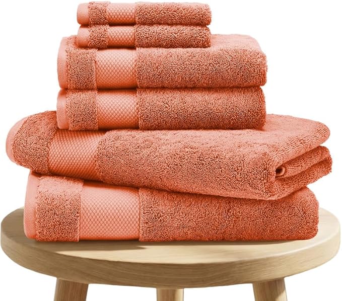 BIOWEAVES 100% Organic Cotton 700 GSM Plush 6-Piece Premium Towel Set GOTS Certified, 2 Bath Towels, 2 Hand Towels & 2 Washcloths - Burnt Orange