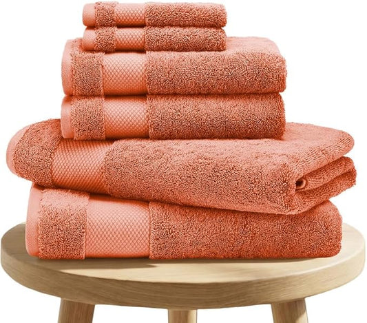 BIOWEAVES 100% Organic Cotton 700 GSM Plush 6-Piece Premium Towel Set GOTS Certified, 2 Bath Towels, 2 Hand Towels & 2 Washcloths - Burnt Orange