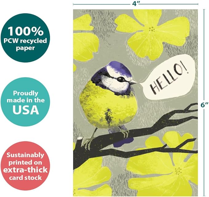 Tree-Free Greetings - All Occasion Cards - Artful Designs - 12 Cards + White Envelopes - Made in USA - 100% Recycled Paper - 4 x 6 - Hello Yellow (FS60006)