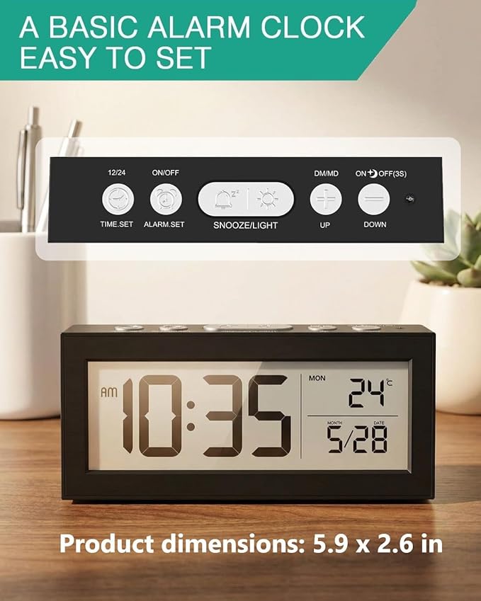ORIA Battery Operated Digital Clock, Small Travel Alarm Clock with Indoor Temp, Date, Blacklight, Snooze, Desk Clock for Kids, Teens, Seniors, Bedrooms, Batteries Included