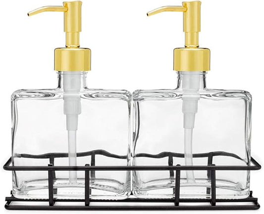 Rail19 Urban Glass Hand and Soap Dispenser Set - Includes Metal Stand Caddy, 8.5oz (Gold)