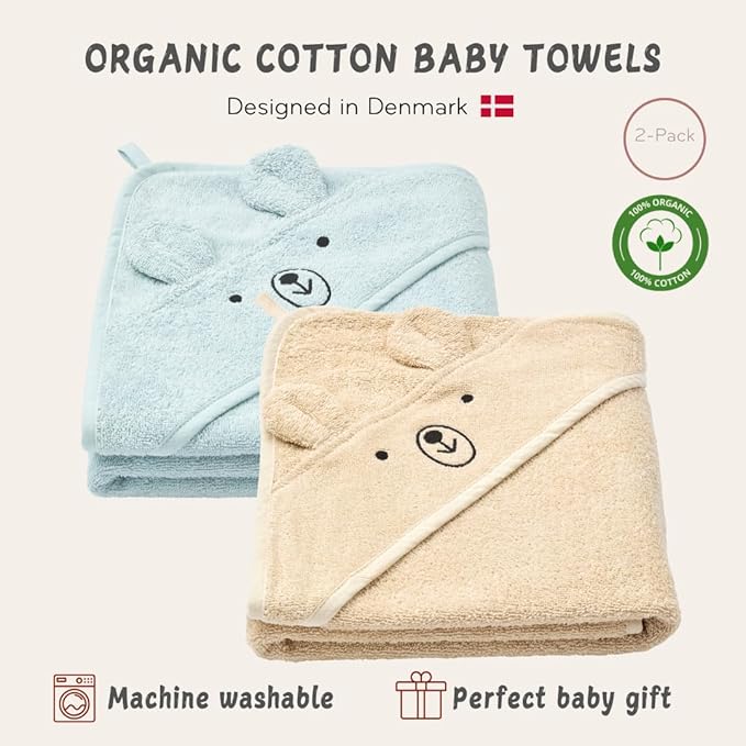 Hooded Baby Towels – 100% Organic Cotton Baby Bath Towels – Baby Boy Newborn Essentials - Super-Soft and Absorbent. (2-Pack Bear Fog and Bear Baby Blue)