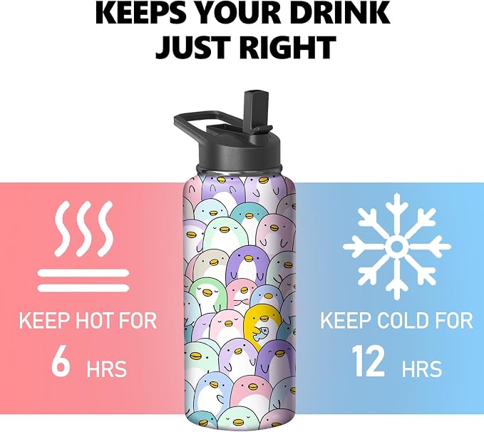 18oz Penguin Water Bottle with Handle and Flip Straw, Animal Sports Stainless Steel Insulated Cup Travel Coffee Mug Tumbler, Birthday Mothers Day Chritmas Gifts for Women