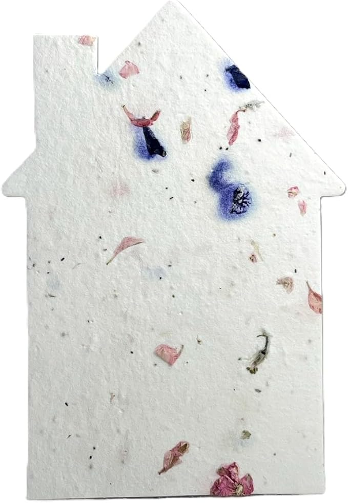 Of The Earth Handmade Paper - Wildflower Seed Paper House Shaped Cards - w/Seeds & Petals - 5" x 7" - Set of 8 - Guides & Envelopes Included (56s Pink & Purple Petal)