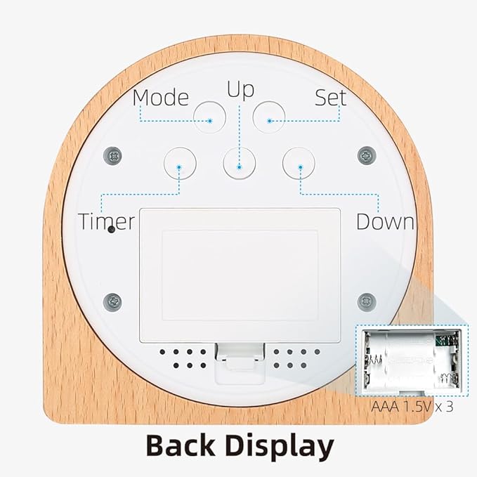 Wooden Alarm Clock for bedrooms，Battery Operated with Snooze Function and Backlight,LCD time,Date,Temperature Display, C/F Switch,12/24hour,Round Simple Design,eco-Friendly