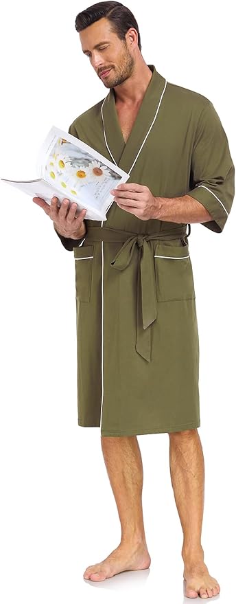 COLORFULLEAF 100% Cotton Men’s Summer Bathrobe Lightweight & Breathable Short Sleeve Kimono Robe with Pockets