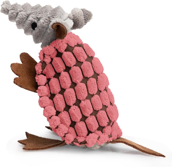 Hollypet Plush Dog Squeaky Toy Stuffed Armadillo Animal Pet Puppy Chew Toys with Clean Teeth for Small Medium Large All Breed Sizes Dogs, Bright Pink, 6 in