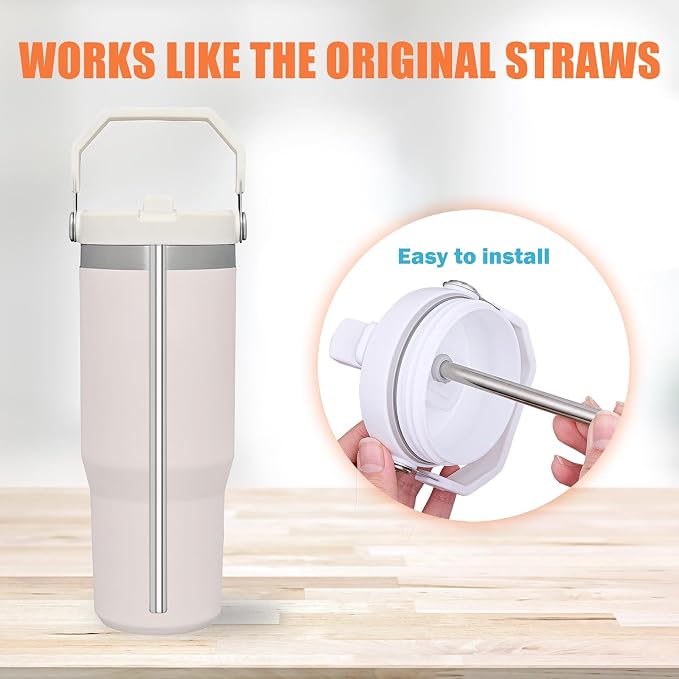 LUCKINEE Replacement Stainless Steel Straws for Stanley IceFlow Tumbler 30 oz, 6 Pack Metal Reusable Straws with 2 Straw Cleaner Brushes for IceFlow Tumbler Accessories