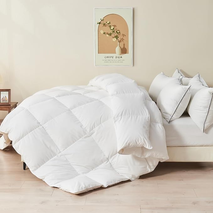 TOPGREEN Organic Feather Down Comforter Super King, Luxury Extra-Fluffy Duvet Insert, All Season Bed Comforter with Ultra-Soft Organic Cotton Case (120x120 Inch, Ivory White)