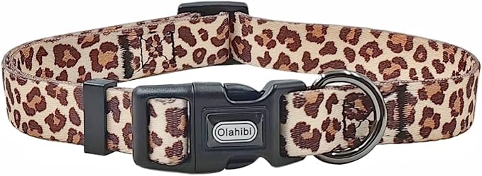 Dog Collar Leash Set, Leopard Pattern, Polyester Material, Adjustable Collar and 5ft Matching Leash, for Large Dogs.(L, Light Coffee Leopard)