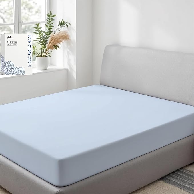 Mayfair Linen 100% Organic Cotton Percale Weave Fitted Sheet California King Size, Light Blue, 1 Deep Pocket Cal King Fitted Sheet, Fits Mattress Upto 16" Crisp & Cool Bed Linen, Luxury GOTS Certified