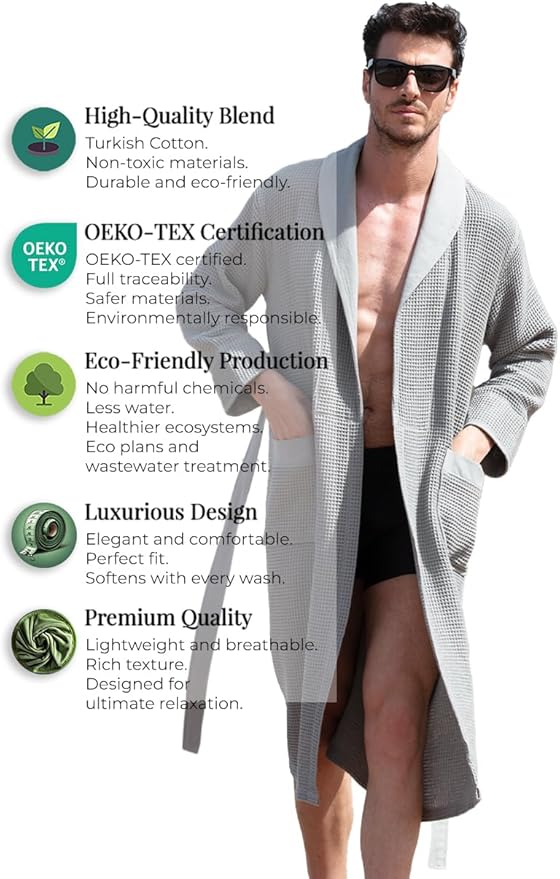 SEYANTE Turkish Cotton Waffle Robe for Men – Organic GOTS Certified Spa Bathrobe, Lightweight Kimono, Soft Cotton Bathrobe