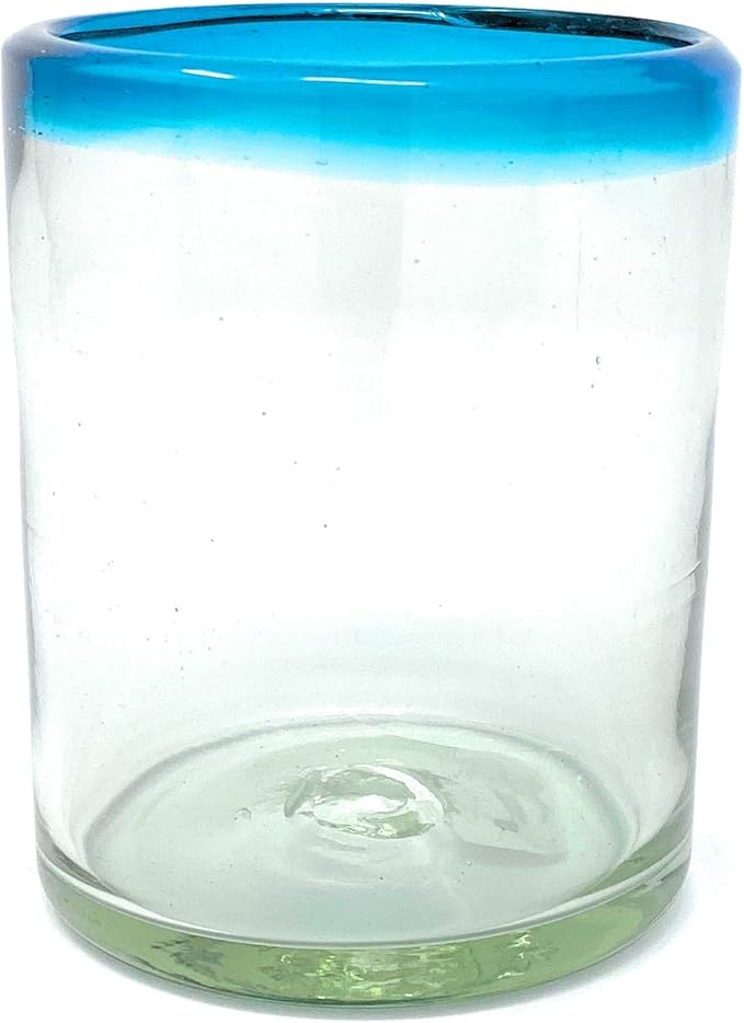 Dos Sueños Hand Blown Mexican Drinking Glasses - Set of 6 Tumbler Glasses with Aqua Blue Rims (10 oz each)