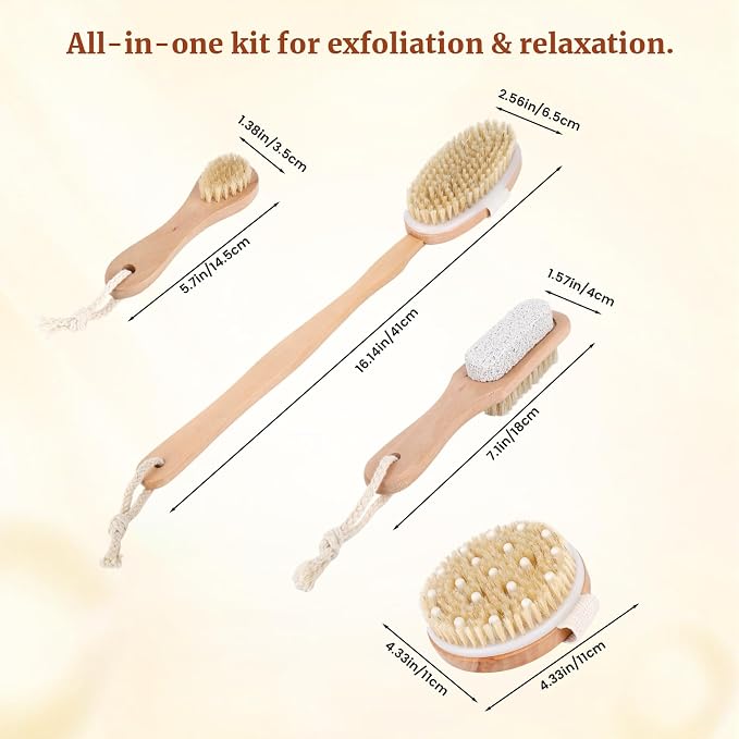 Dry Brush Set-4 Packs Natural Boar Bristle Dry Brushing Body Brush Exfoliating Face, Foot, Bath Brush for Face and Body for Cellulite Lymphatic Drainage(Set B)