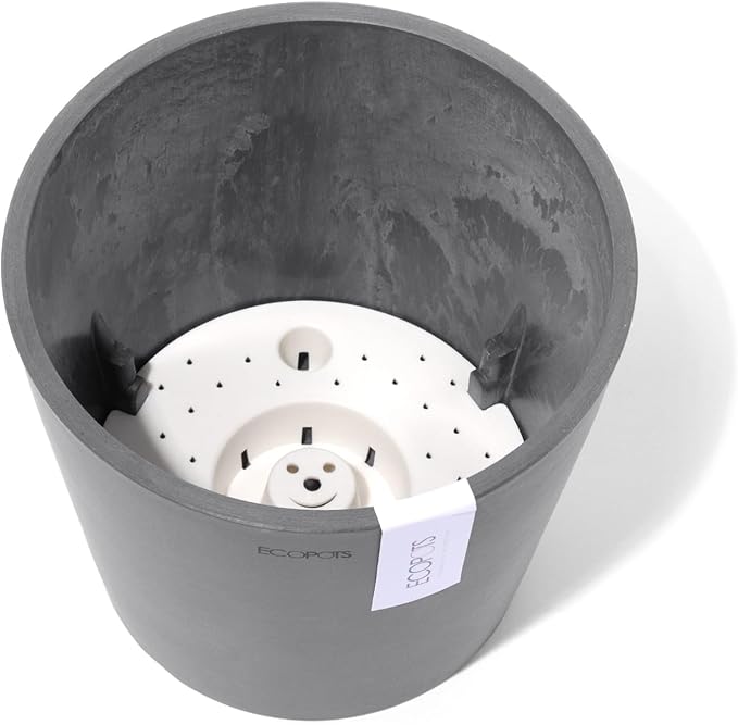 Ecopots Amsterdam Durable Modern Round Indoor/Outdoor Recycled-Based Composite Flower Pot Planter w/Water Reservoir, Grey, 12"